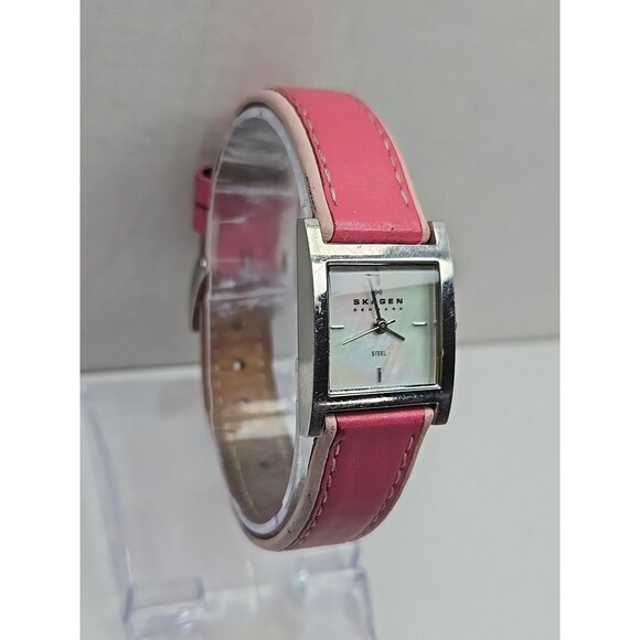 Skagen 528SSLP Women Square Watch Pearl Pink Leather Stainless Steel New Battery - Picture 3 of 12